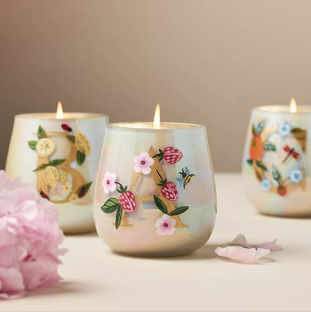 Anthropologie Fruity Monogram Floral Night Gardenia Glass Candle Letter F